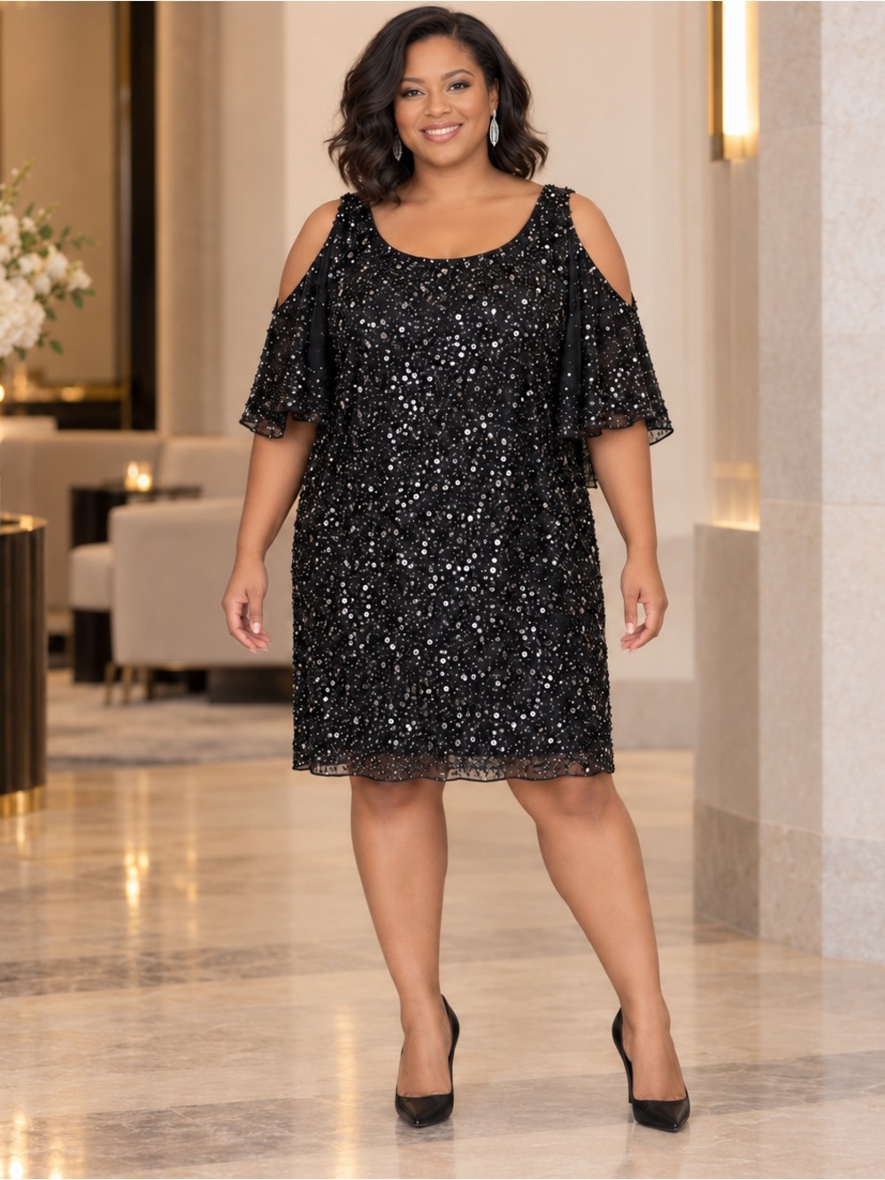 Aidan Mattox Black Sequin Beaded Cold Shoulder Cocktail Dress 18W